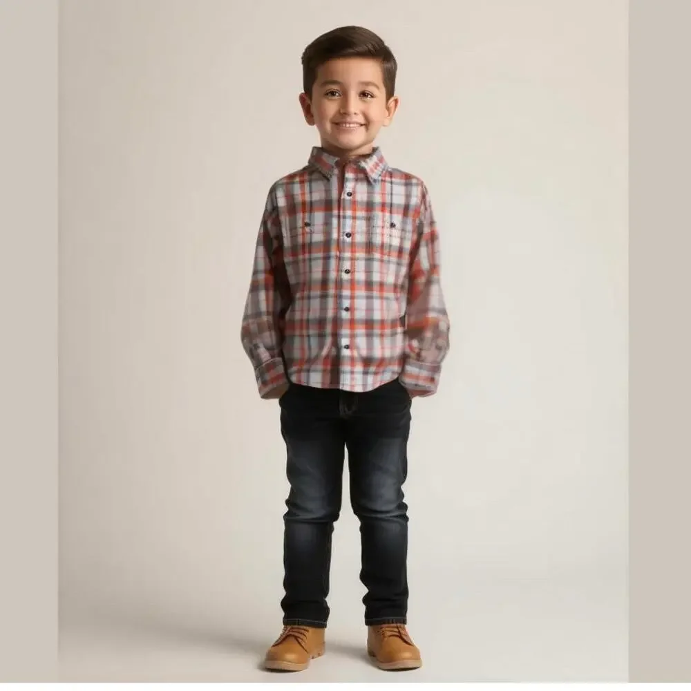 Carter's Boys Shirt Sz 5 Blue Gray White Red Long Sleeve Plaid Buttons Flannel‎